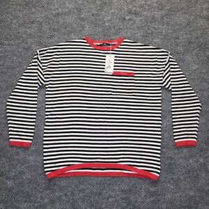 Lillusory Sweater Womens Large Black White Stripe Red Trim Crewneck Pocket Knit